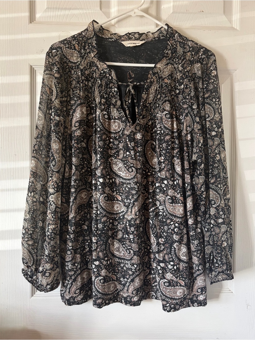 Lucky Brand Black Paisley Tie-Front Peasant Tunic